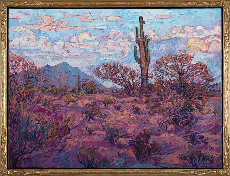 Landscape oil painting of Arizona desert with lone saguaro by contemporary impressionist artist Erin Hanson, this piece is framed in a hand carved gold floater frame. 