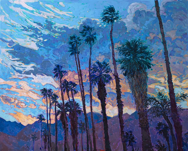 California desert sunset painting with palm trees and mountains