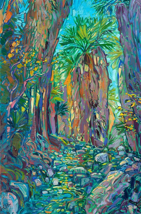 Indian Canyon palm oasis in Palm Springs, original landscape oil painting for sale in a modern impressionism style, by Erin Hanson.