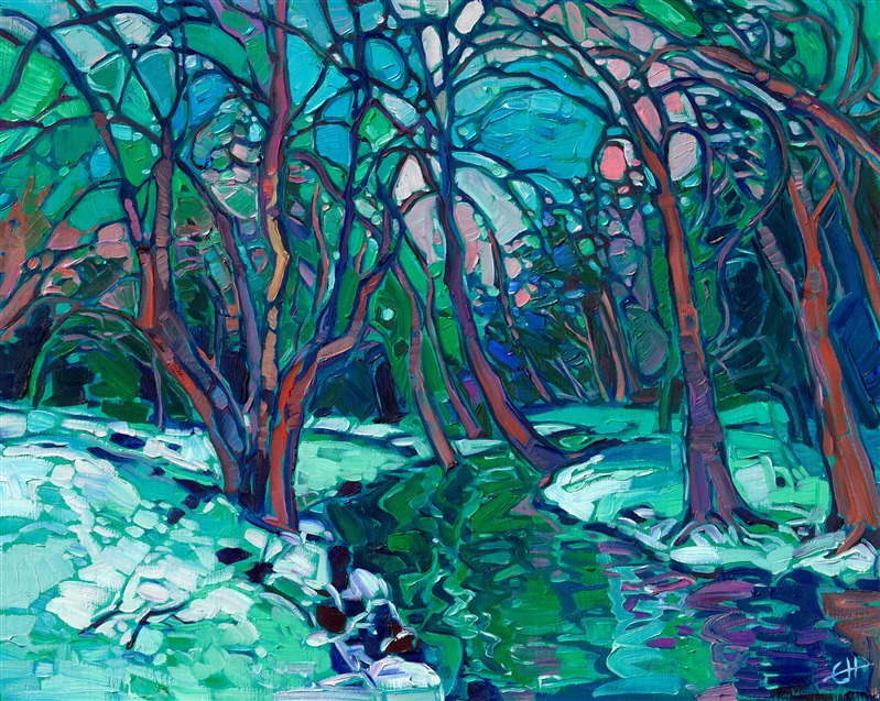 Painting of McMinnville Oregon in the winter by local artist Erin Hanson. Purchase originals and prints from The Erin Hanson Gallery.