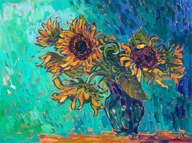 Impressionism painting of sunflowers in vase, by contemporary artist Erin Hanson, creator of Open Impressionism.