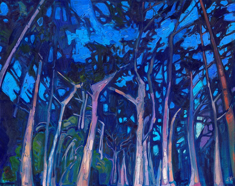 Evening dusk painting of Monterey cypress trees, by American impressionist Erin Hanson