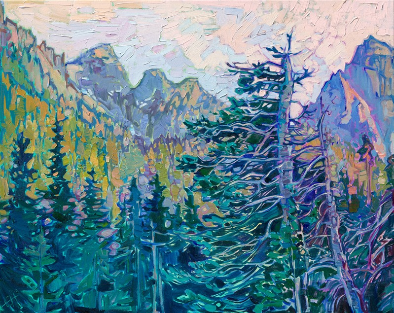 Original oil painting artwork of Mt. Rainier for sale--painting of Noble Fir trees against the northwestern Cascades. Original and textured replicas available at The Erin Hanson Gallery in McMinnville, Oregon.