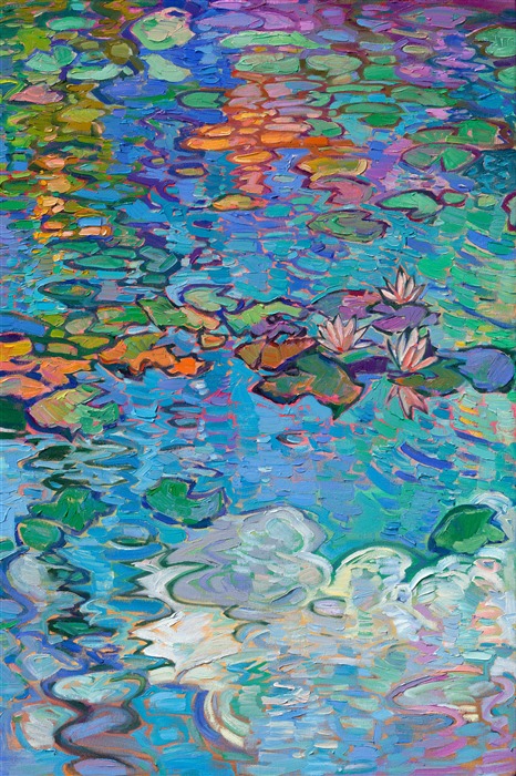 Van gogh meets Monet -- Erin Hanson's Open Impressionism painting captures Monet's water lily garden with impasto brushstrokes and vivid colors.