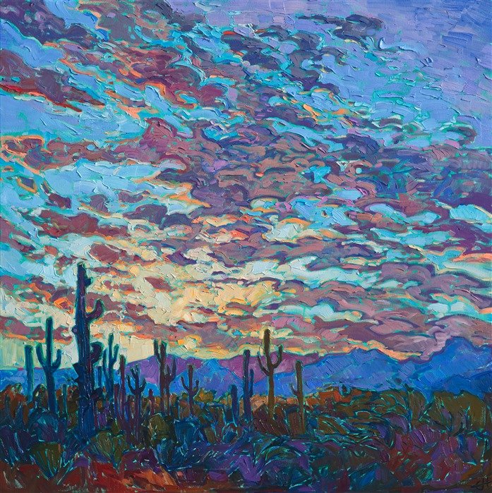 Arizona Saguaro landscape painting with impressionistic sunset colors.