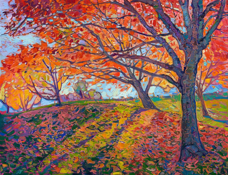 Painting of Oregon fall color maple trees in orange and red, by local painter Erin Hanson. Visit The Erin Hanson Gallery in McMinnville to find artwork of Oregon's Willamette Valley wine country.