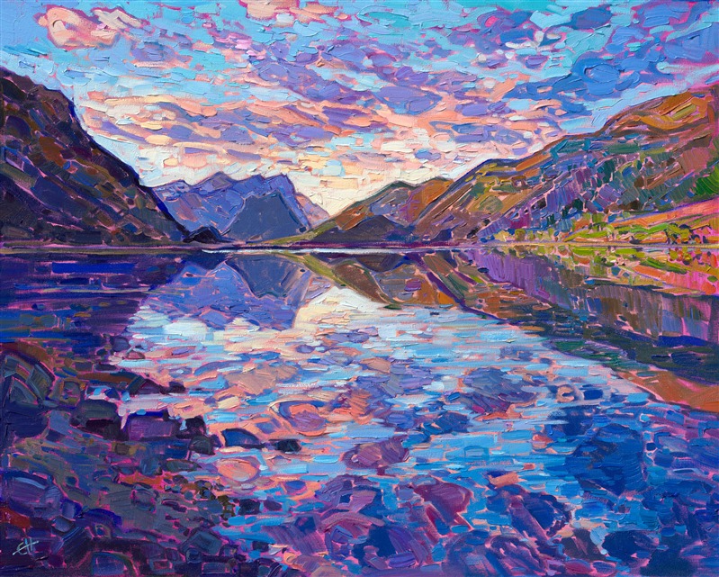 Painting of Norway fjord reflections by impressionist Erin Hanson