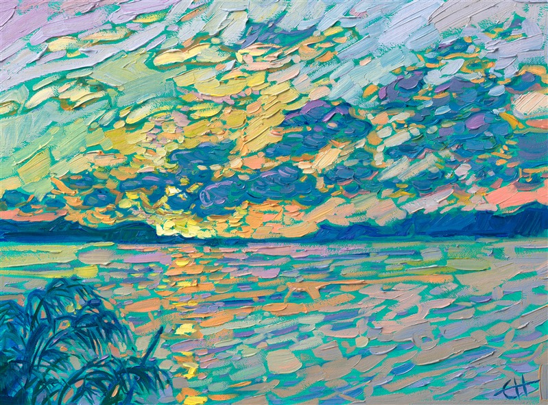 Florida palms sunset painting of Clearwater Florida, by famous American impressionism painter Erin Hanson