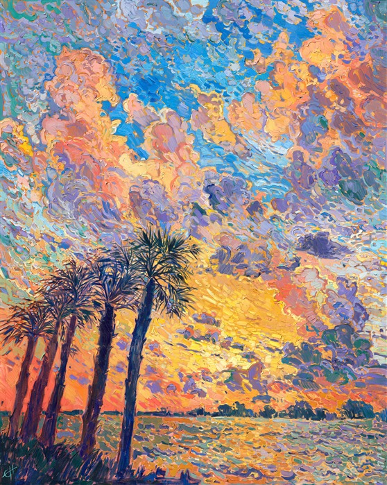 Modern impressionism landscape painting by Erin Hanson, sunset art clouds painting as colorful happy art.