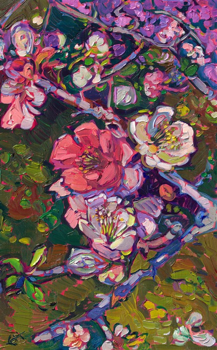 Small painting of Japanese art flowering quince in Kyoto, Japan, by modern impressionist Erin Hanson.