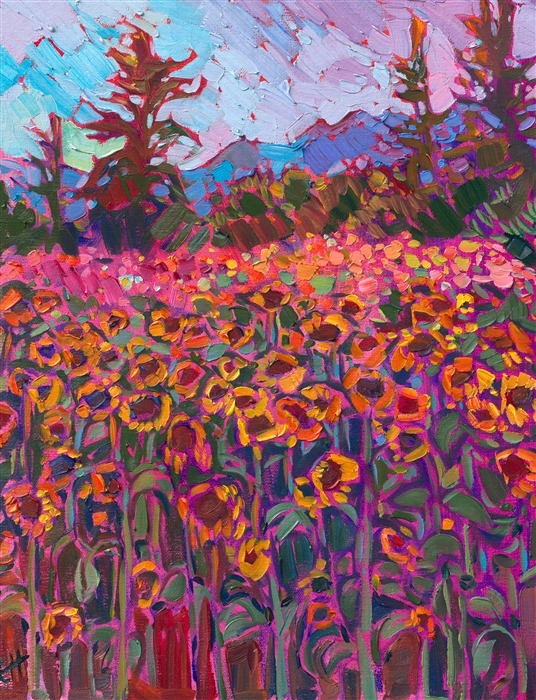 Oil painting of sunflowers at dusk - dusk landscape in oil, by American impressionist Erin Hanson