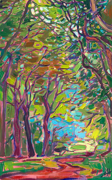 Painting of path through the trees from the French countryside, by American impressionist Erin Hanson