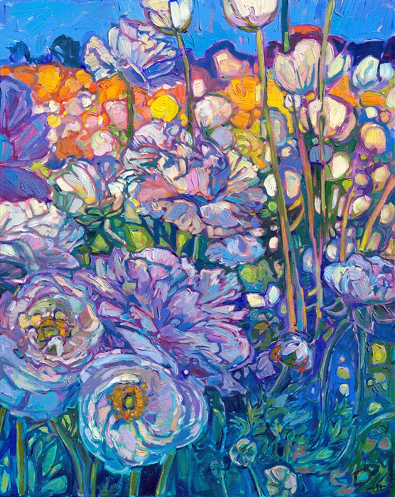 Abstract impressionism painting of San Diego rununculus flower field landscape by Erin Hanson