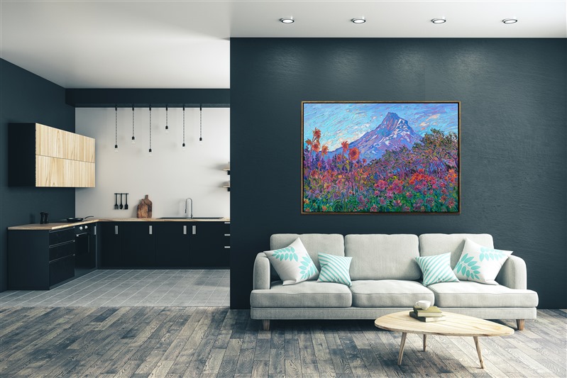 Large landscape painting of Oregon Mt Hood hanging in home