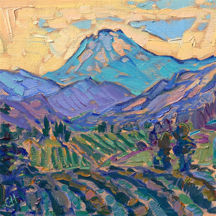 Painting of Mt Hood from the Hood River Valley fruit loop, by local impressionist painter Erin Hanson