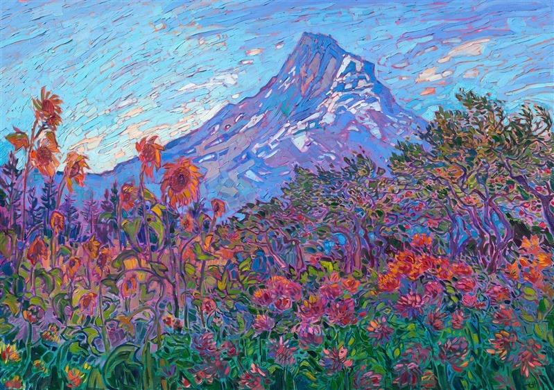 Oregon Mt Hood River Fruit Loop oil painting landscape artwork by local artist Erin Hanson for sale by The Erin Hanson Gallery in McMinnville, OR.