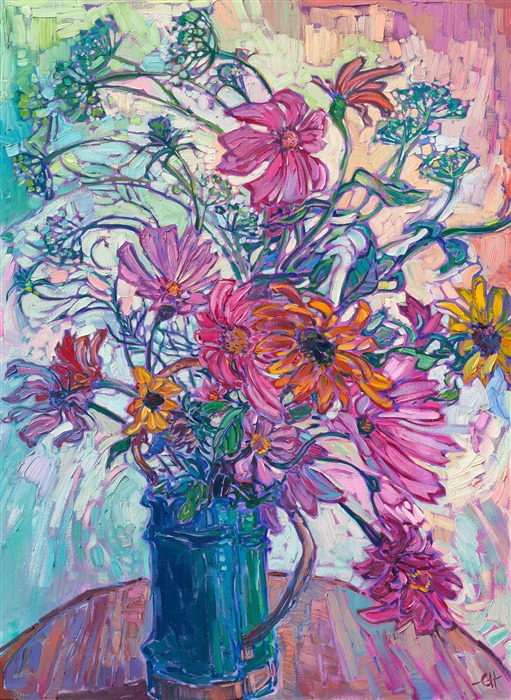 Summer flowers in vase, oil painting of garden blooms by modern impressionist Erin Hanson.