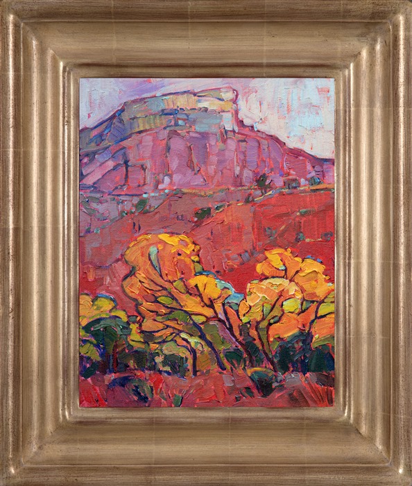 Fall landscape painting of Ghost Ranch, New Mexico framed in hand carved champange frame by impressionist artist Erin Hanson