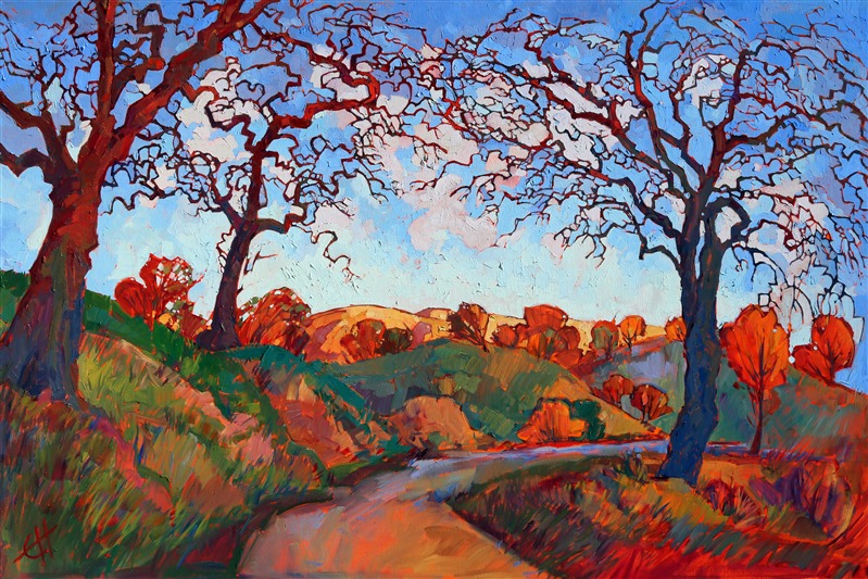 Paso Robles country road landscape oil painting in fall colors, by Erin Hanson