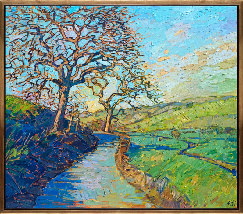 Oil painting of trees in Paso Robles with green and blues by Erin Hanson framed in a gold floater frame