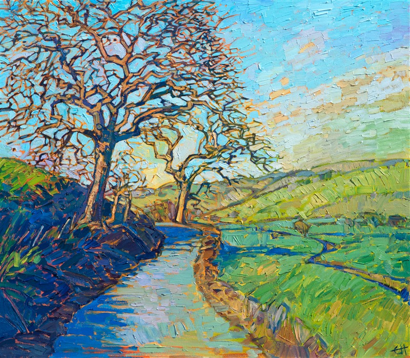 Oil painting of Paso Robles with a path lined with gnarled trees, by contemporary impressionist artist Erin Hanson