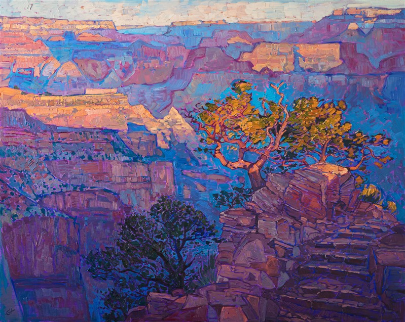 Grand Canyon oil painting done over 24kt gold leaf, by contemporary impressionist Erin Hanson.