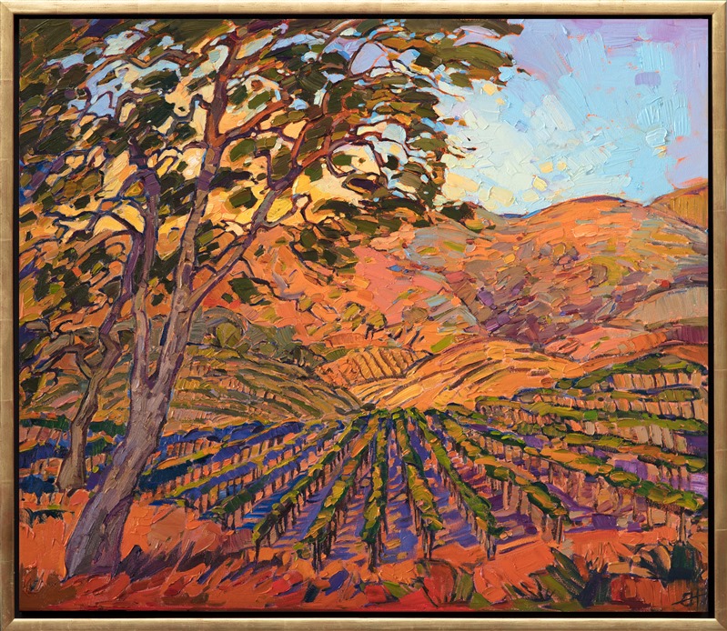 Erin Hanson painting, Golden Vineyards in gold leaf floater frame