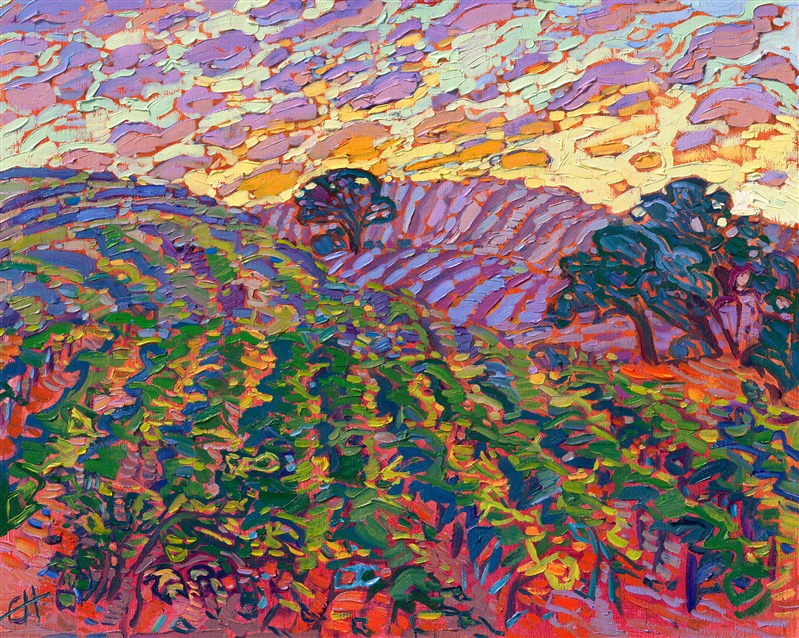 Paso Robles green vineyard sunrise impressionism painting of California wine country.