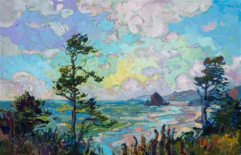 Oil painting of Haystack Rock, northwestern landscape painting by contemporary artist Erin Hanson