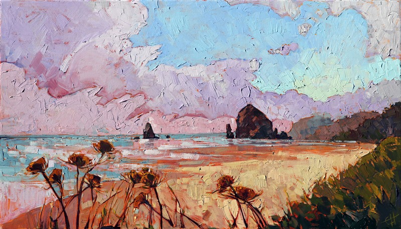 Haystack Rock, Oregon seascape oil painting for sale by the artist, Erin Hanson