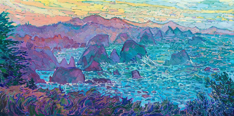 Mendocino Elk haystacks original oil painting in a contemporary California impressionism style with bright turquoise colors and thick, impasto brushstrokes.