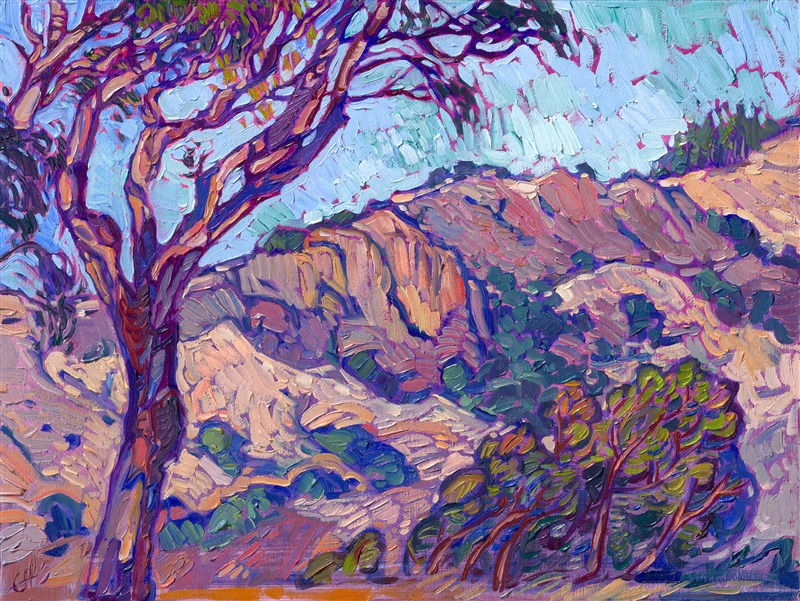 Petite oil painting landscape in a modern plein air style, by American impressionist Erin Hanson