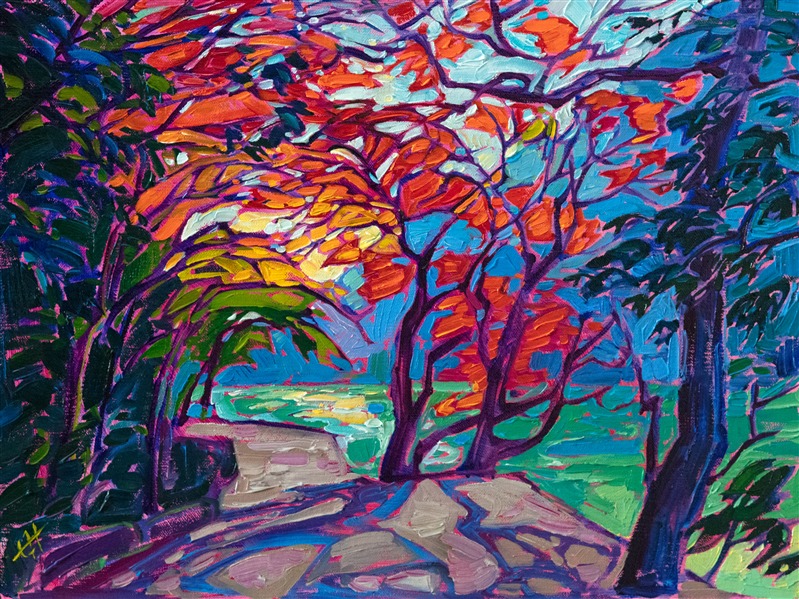 Petite Erin Hanson painting of Japanese maple, Kyoto Japan.