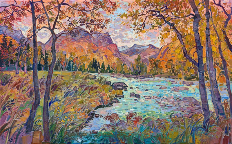 Impressionist painting of Norway fall color autumn landscape near Geirangerfjord. The original oil painting and 3D Textured Replicas are available for purchase.