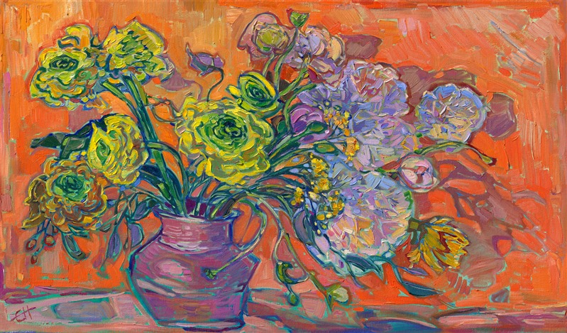 Abstract impressionism floral painting of hydrangeas and peonies, by American impressionist Erin Hanson