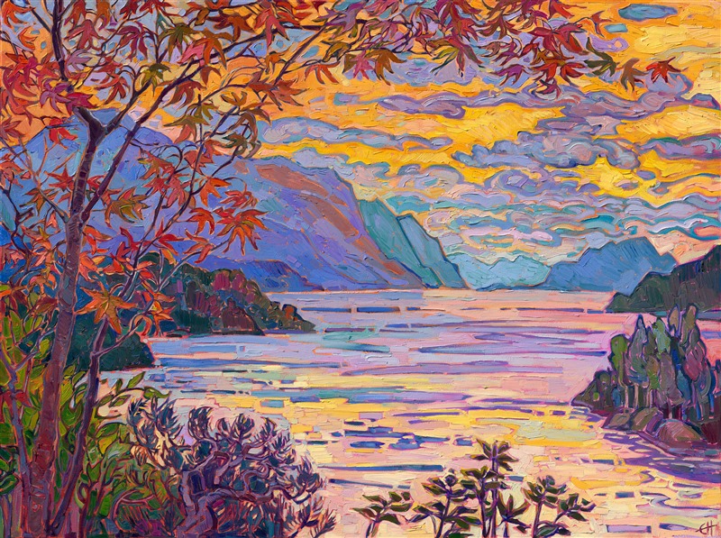 Colorful painting of Norway Fjords, painting of Alesund, Norway, by famous impressionist painter Erin Hanson, creator of Open Impressionism.