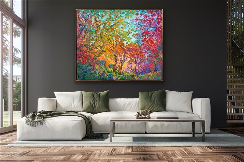 Large colorful oil painting hanging in home, artwork by famous American impressionist Erin Hanson, creator of Open Impressionism.