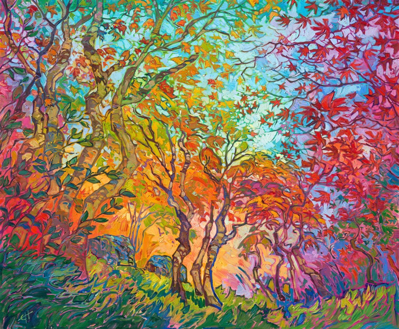 Maple trees fall color oil painting of autumn impressionism work by Erin Hanson.