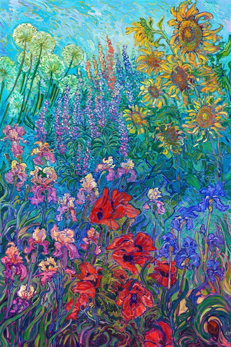 Large floral oil painting of Schreiners Iris Garden in Woodburn, in the heart of Oregon Willamette Valley, by American impressionist and local artist Erin Hanson. This painting and limited edition relicas are available from The Erin Hanson Gallery in McMinnville, OR.