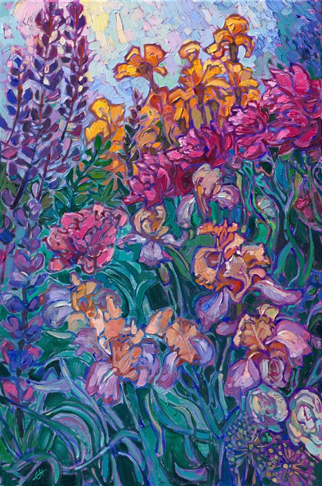 Impressionism painting of irises and peonies, original oil painting by local artist Erin Hanson