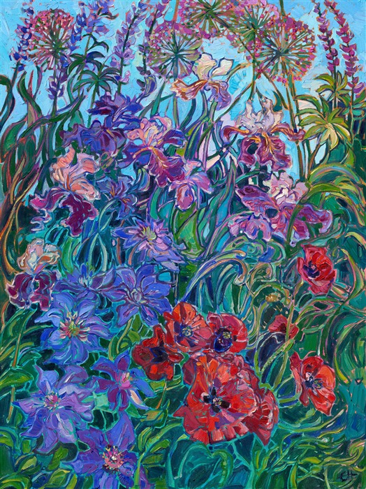 Painting of irises in a modern impressionism style, by contemporary landscape artist Erin Hanson
