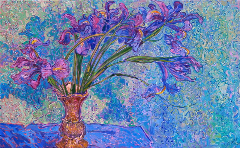 Painting of purple irises in a vase by American impressionist painter Erin Hanson.