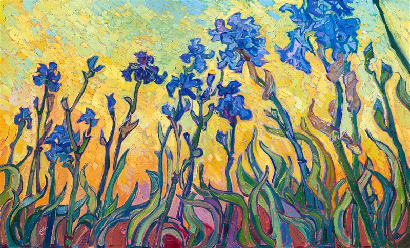 Irises on yellow impressionism painting by Erin Hanson