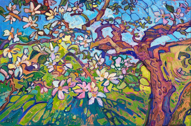 Apple blossoms by American impressionist Erin Hanson, inspired by van Gogh and Monet.