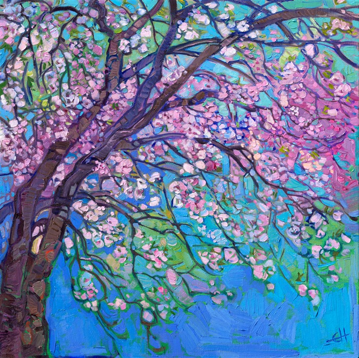 Painting of Japanese cherry blossoms, by American painter Erin Hanson, creator of Open Impressionism.