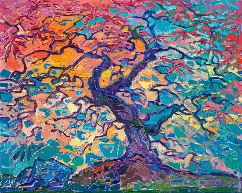 Portland Japanese Garden maple tree painting for sale by local Northwest artist Erin Hanson (her gallery is in McMinnville, Oregon.)