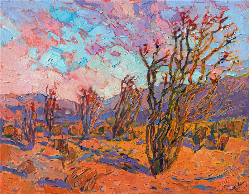 Small painting of Ocotillo at Joshua Tree national park in bloom in a modern southwest style.
