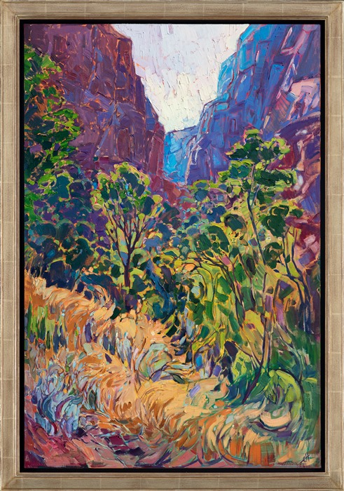 Impressionistic oil painting of Kolob Canyon in Zion National Park by Erin Hanson in gold frame