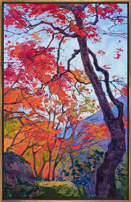 Oil painting of vibrant fall colors in Kyoto Japan framed in gold floater frame, painted by contemporary impressionist artist Erin Hanson  