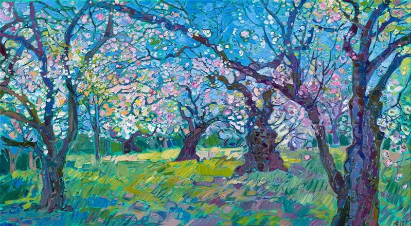 Painting of Japanese cherry trees, by American impressionist Erin Hanson